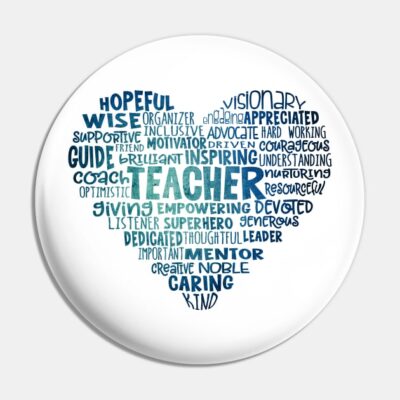 Teacher Heart Word Cloud Blue Pin Official Teacher Merch