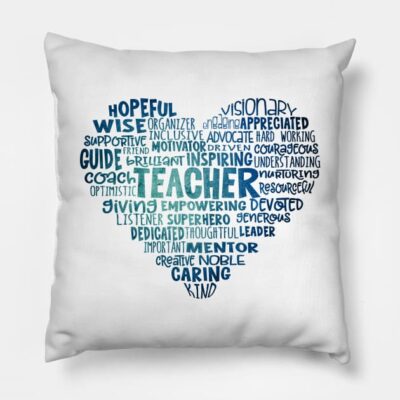 Teacher Heart Word Cloud Blue Throw Pillow Official Teacher Merch